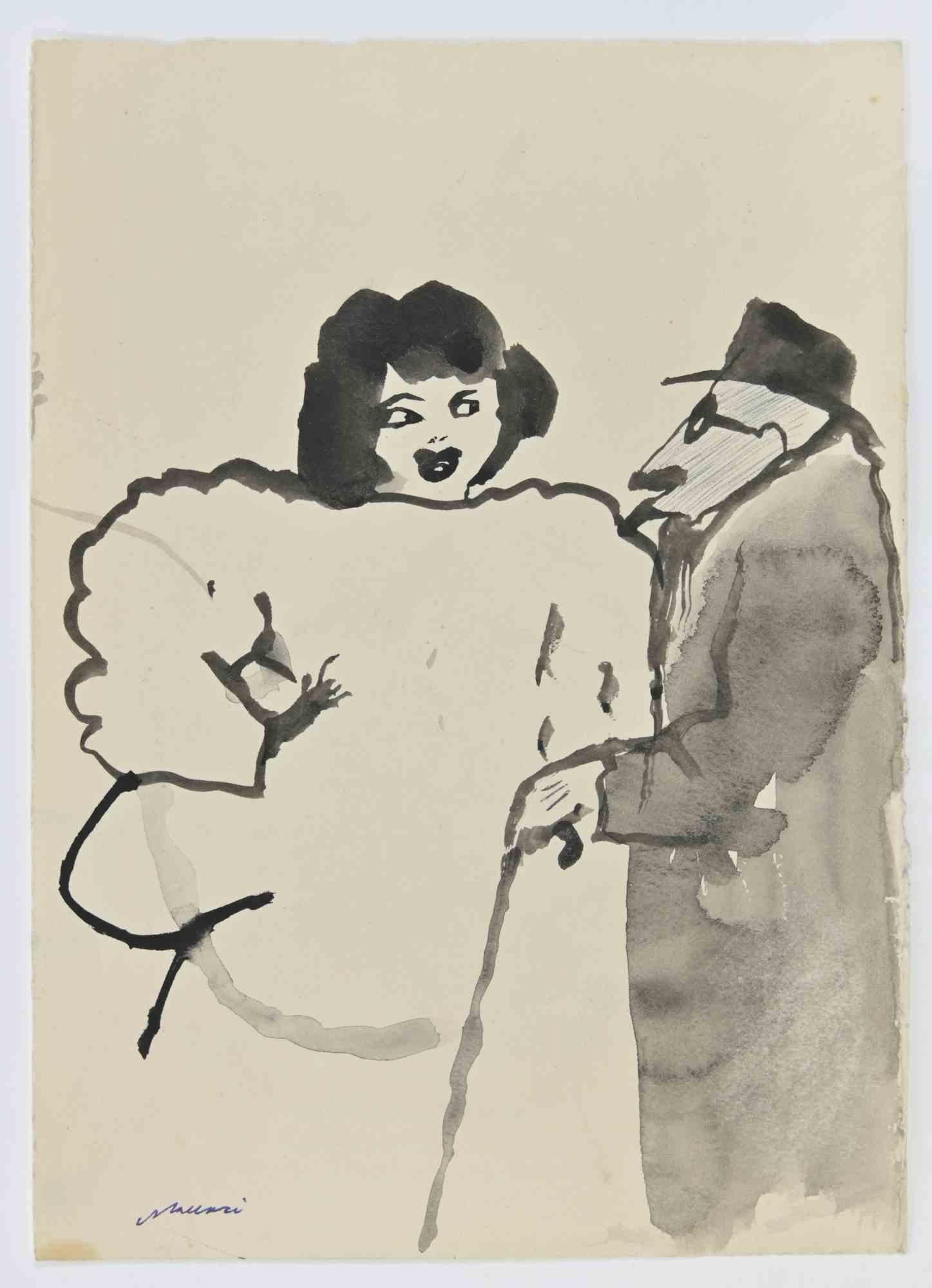 The Couple is a watercolor Drawing realized by Mino Maccari  (1924-1989) in 1960s.

Hand-signed on the lower margin.

Good condition.

Mino Maccari (Siena, 1924-Rome, June 16, 1989) was an Italian writer, painter, engraver and journalist, winner of