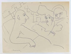 Amanti nel letto - Disegno di Mino Maccari - Anni '60