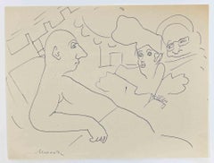 Lovers in the Bed - Drawing by Mino Maccari - 1960s