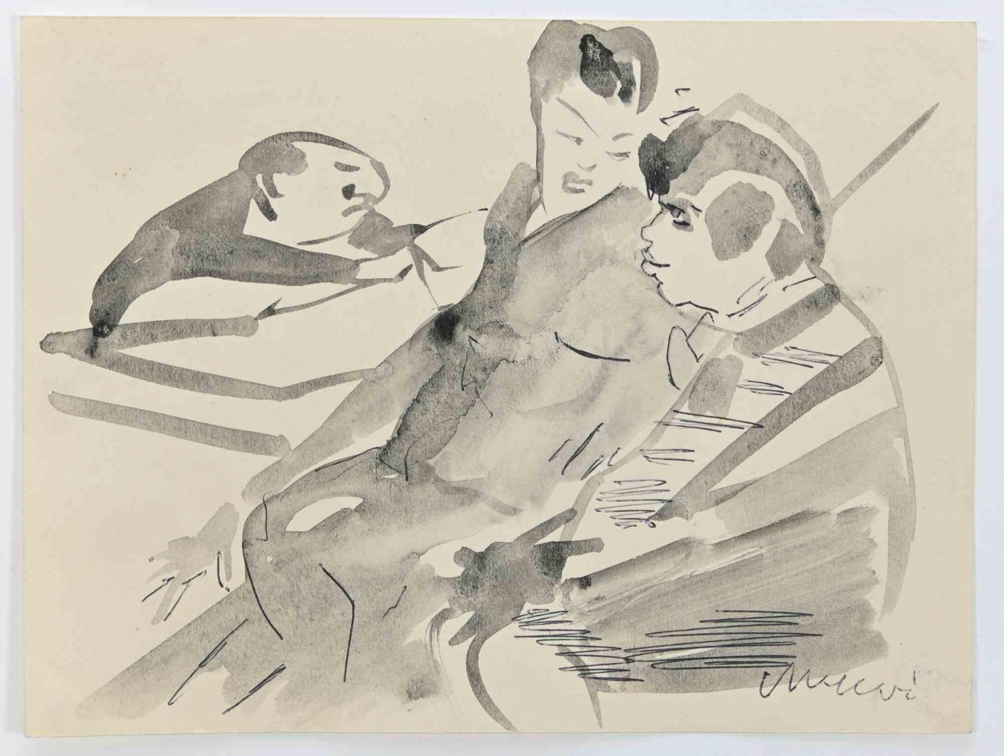 Tenderness is a pen and watercolor Drawing realized by Mino Maccari  (1924-1989) in 1960s.

Hand-signed on the lower margin.

Good condition.

Mino Maccari (Siena, 1924-Rome, June 16, 1989) was an Italian writer, painter, engraver and journalist,