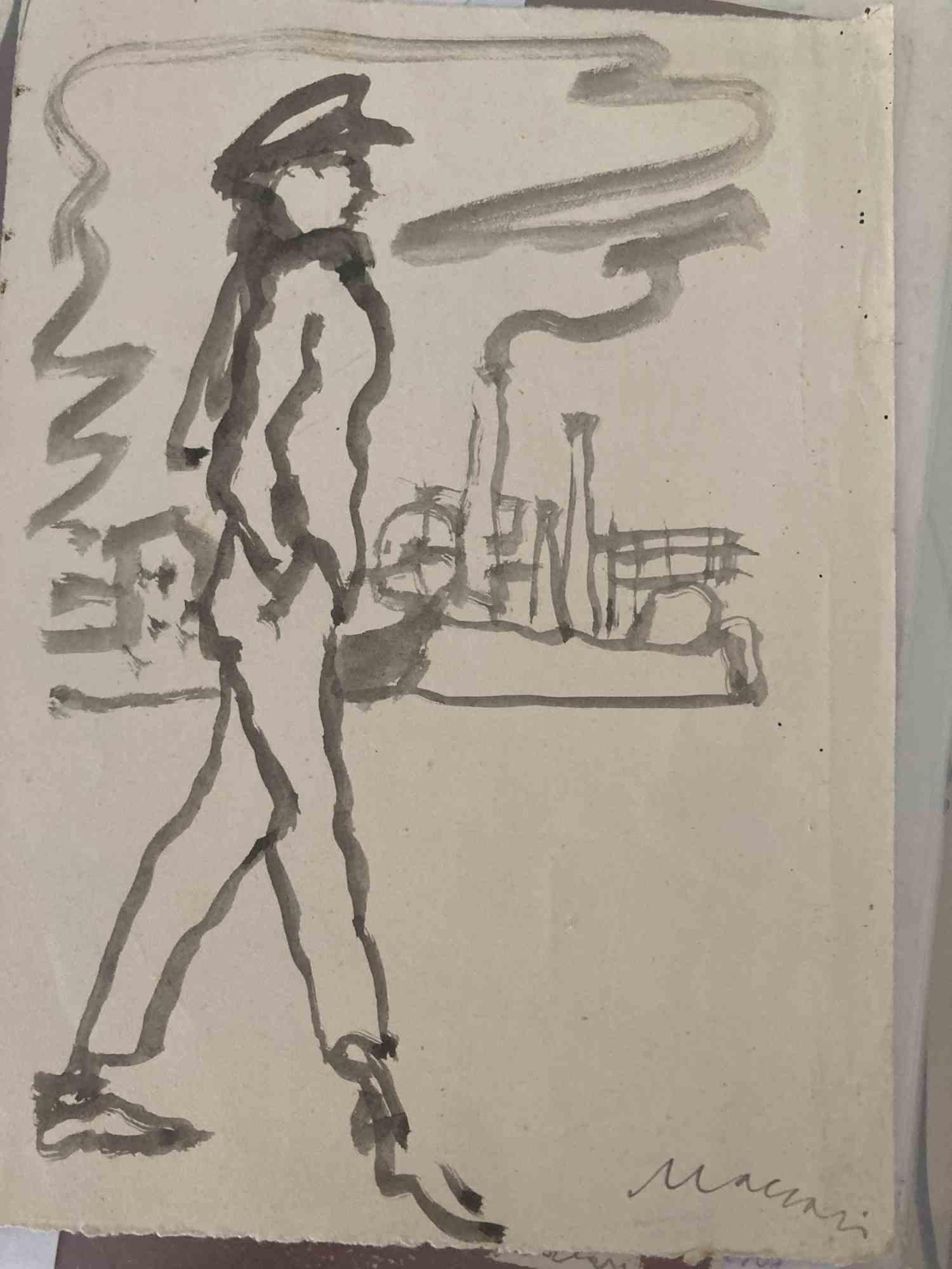 Figure With Industrial Landscape is a Watercolour Drawing realized by Mino Maccari  (1924-1989) in 1960s.

Hand signed on the lower margin.

Good condition on a little paper.

Mino Maccari (Siena, 1924-Rome, June 16, 1989) was an Italian writer,