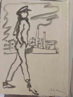 Vintage Figure With Industrial Landscape - Drawing by Mino Maccari - 1960s
