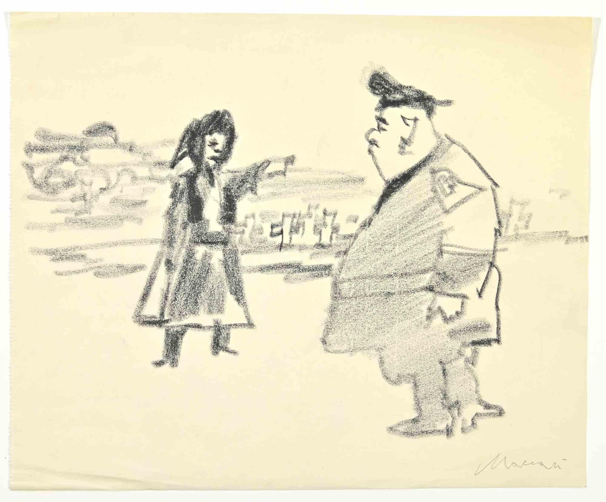 Police and Woman is a Pencil Drawing realized by Mino Maccari  (1924-1989) in the 1945.

Hand-signed on the lower.

Good condition.

Mino Maccari (Siena, 1924-Rome, June 16, 1989) was an Italian writer, painter, engraver and journalist, winner of