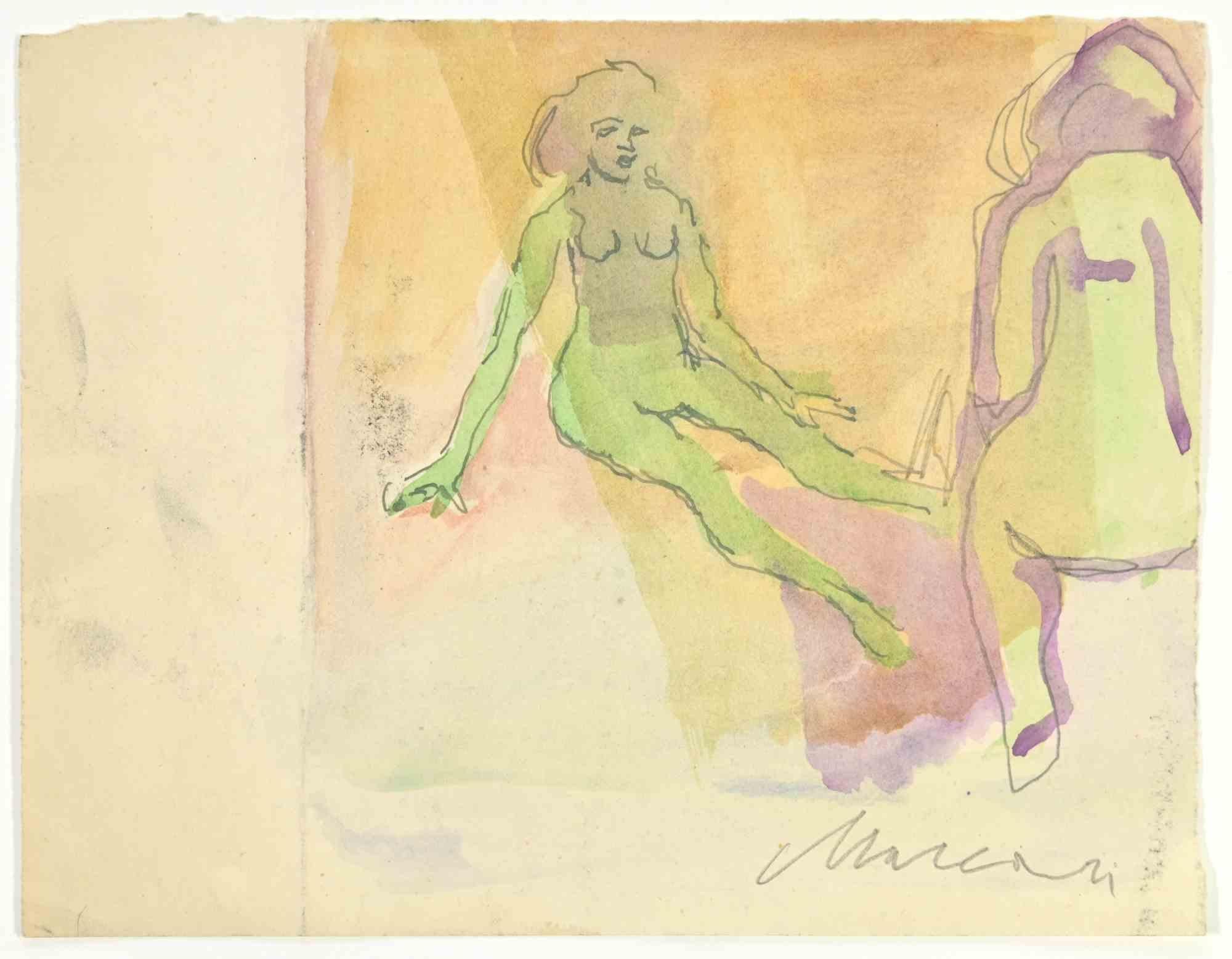 Nudes ist eine Aquarell-Zeichnung von Mino Maccari  (1924-1989) in den 1950er Jahren.

Handsigniert auf der Unterseite.

Guter Zustand.

Mino Maccari (Siena, 1924-Rom, 16. Juni 1989) war ein italienischer Schriftsteller, Maler, Graveur und