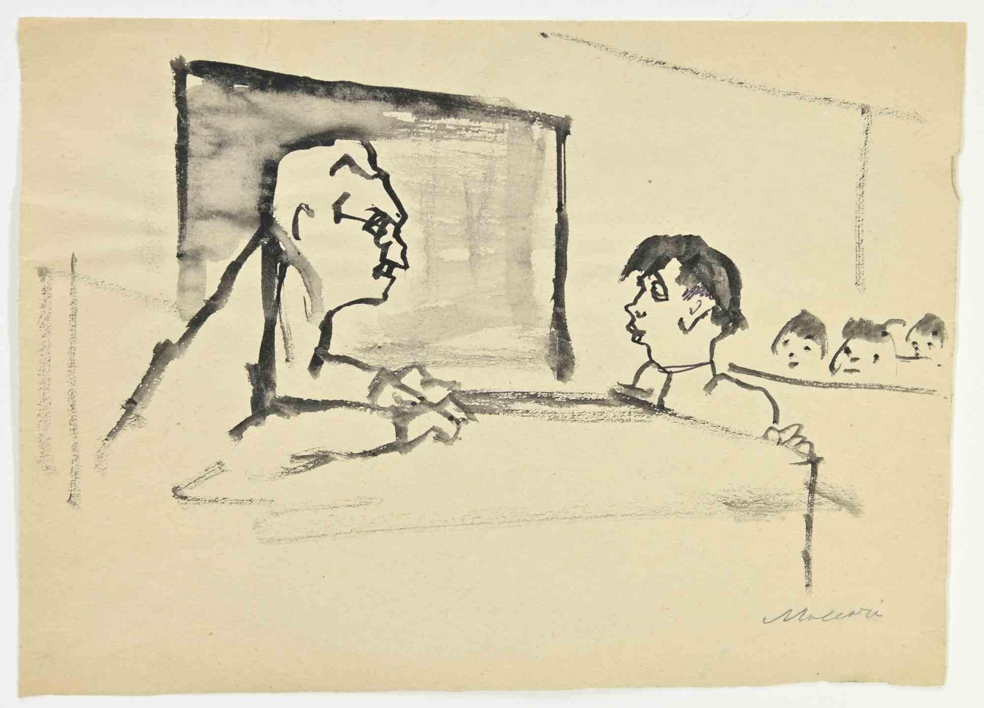 At School is a Watercolor Drawing realized by Mino Maccari  (1924-1989) in the 1960s.

Hand-signed on the lower.

Good condition.

Mino Maccari (Siena, 1924-Rome, June 16, 1989) was an Italian writer, painter, engraver and journalist, winner of the