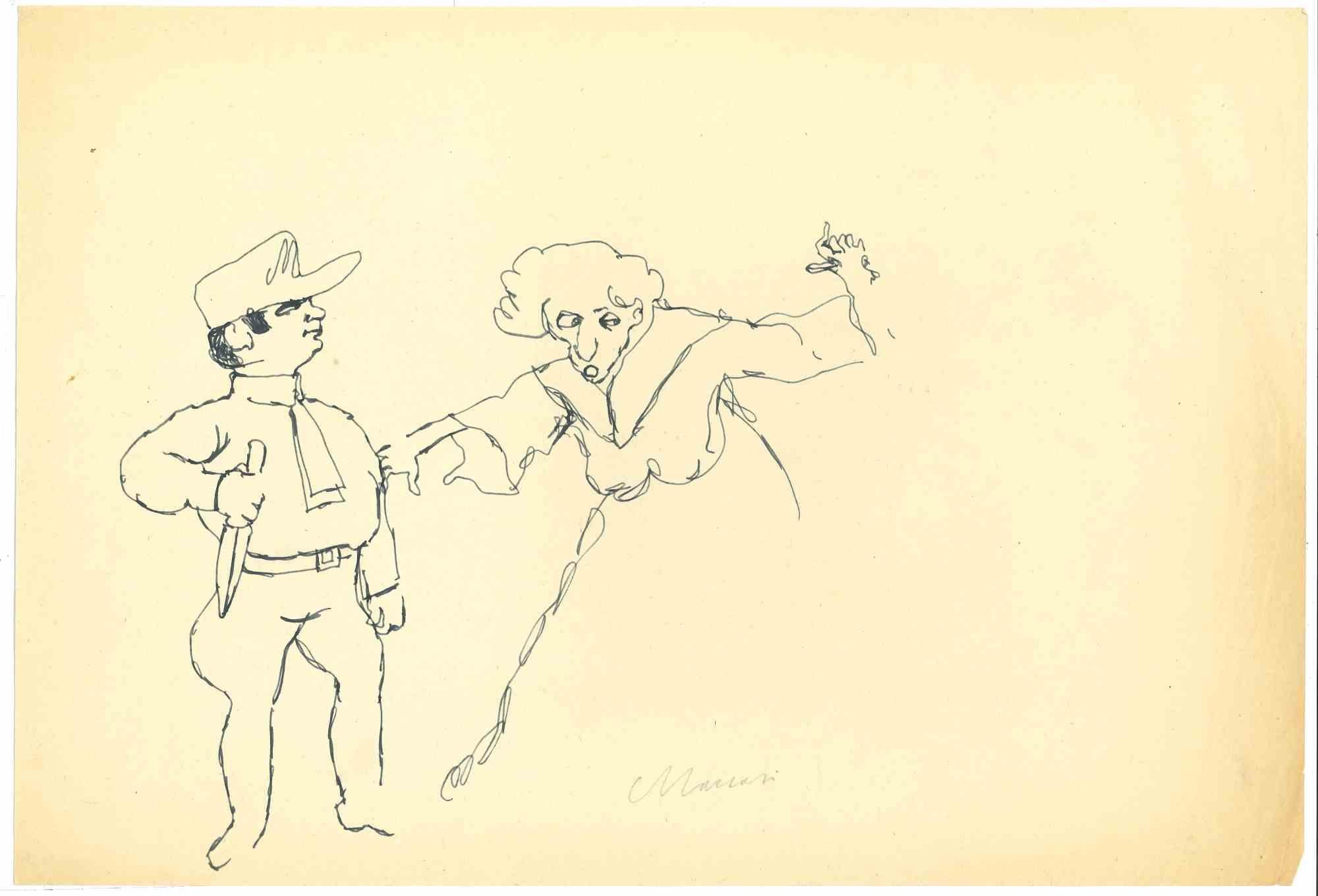 The Old and Soldier is a pen Drawing realized by Mino Maccari  (1924-1989) in the 1950s.

Hand-signed on the lower.

Good condition except for a cut on the right margins.

Mino Maccari (Siena, 1924-Rome, June 16, 1989) was an Italian writer,