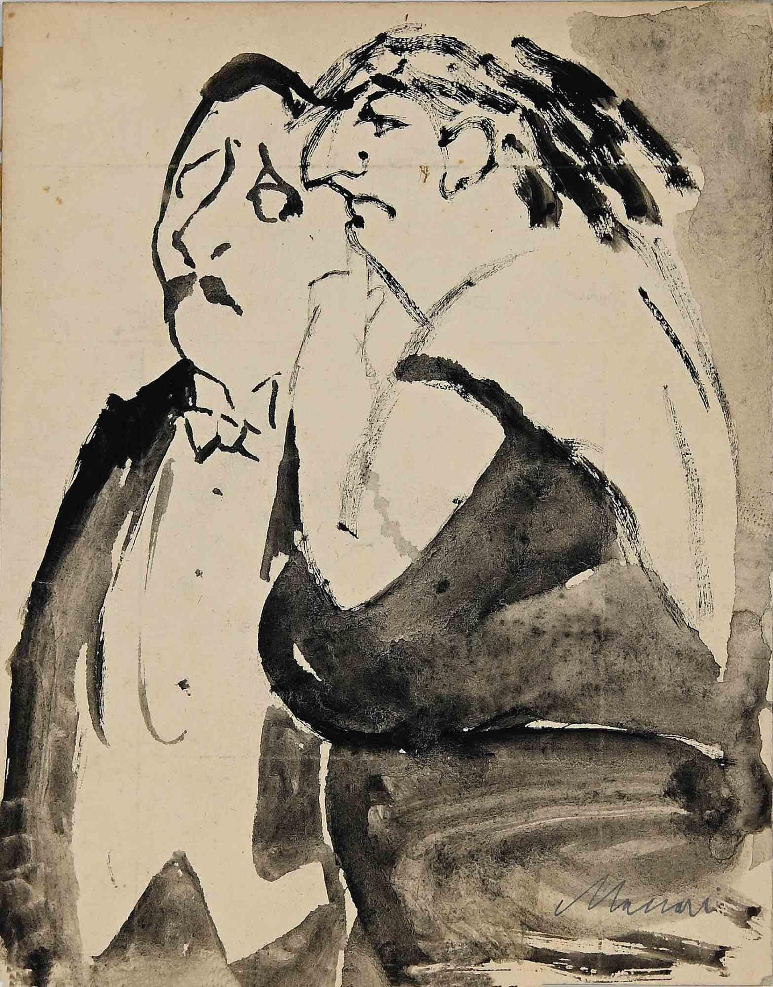 Couple at Party is a Watercolor Drawing realized by Mino Maccari  (1924-1989) in 1940s.

Hand-signed on the lower margin.

Good condition on a little paper.

Mino Maccari (Siena, 1924-Rome, June 16, 1989) was an Italian writer, painter, engraver and