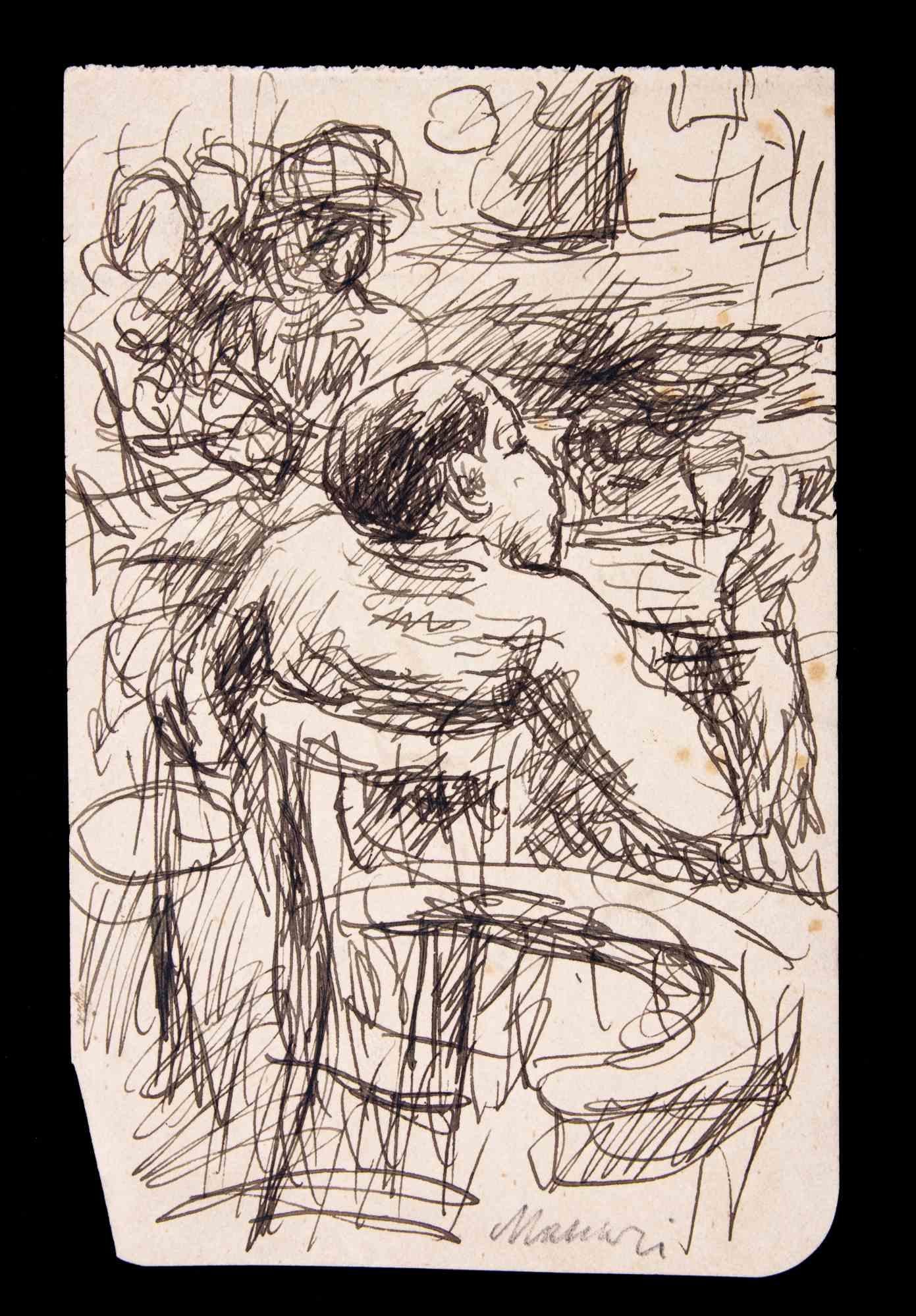 At the Cafe - Drawing by Mino Maccari - 1940s