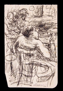 Vintage At the Cafe - Drawing by Mino Maccari - 1940s