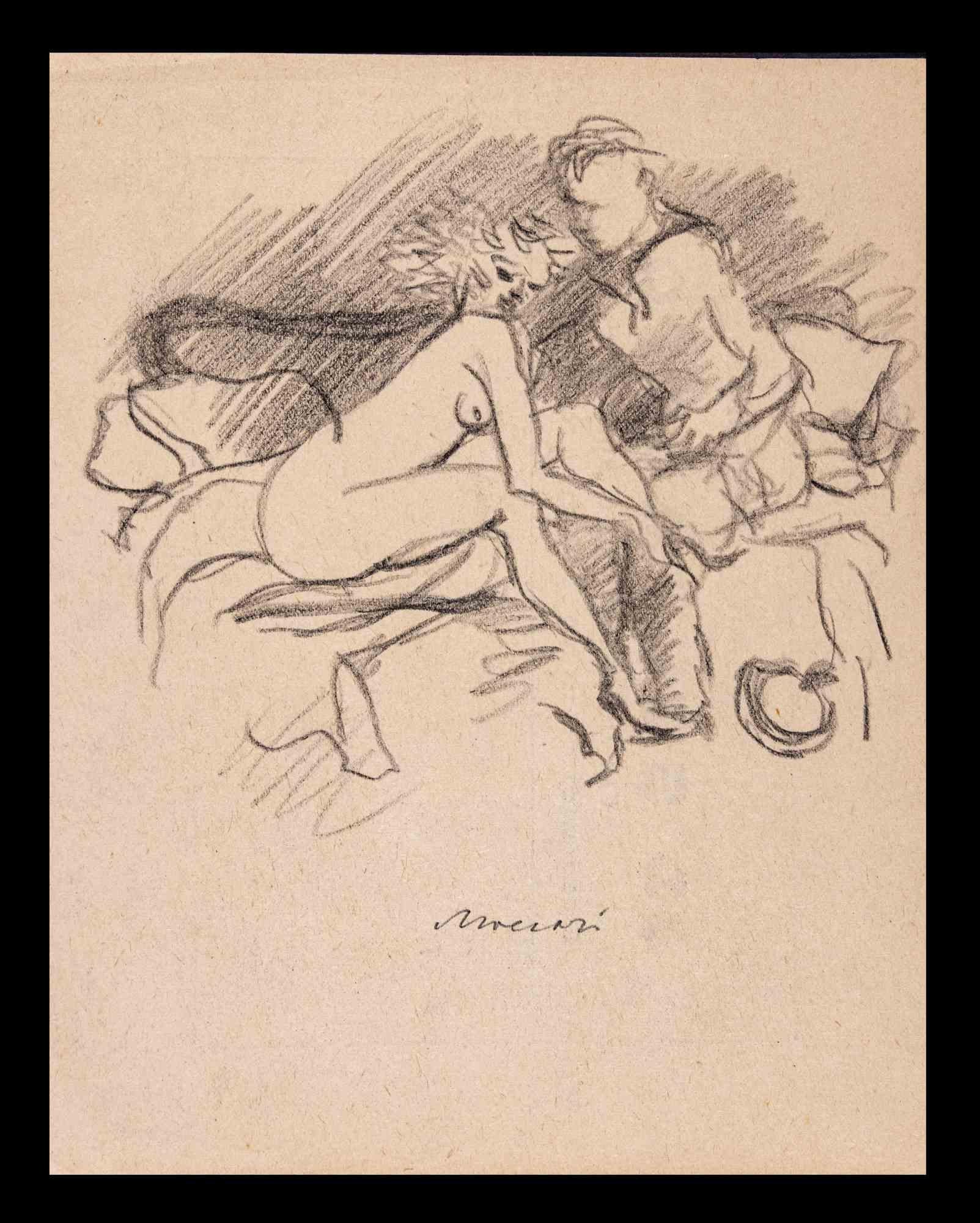 The Couple on the Bed is a Pencil Drawing realized by Mino Maccari  (1924-1989) in 1960s.

Hand-signed on the lower margin.

Good condition on a little yellowed paper.

Mino Maccari (Siena, 1924-Rome, June 16, 1989) was an Italian writer, painter,