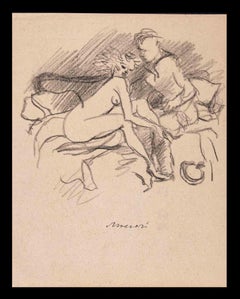 Vintage The Couple on the Bed - Drawing by Mino Maccari - 1960s