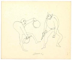 Les hommes aux armes à feu - dessin de Mino Maccari - années 1960