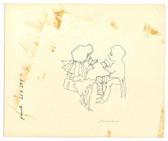 Reading Couple - Drawing by Mino Maccari - 1960s