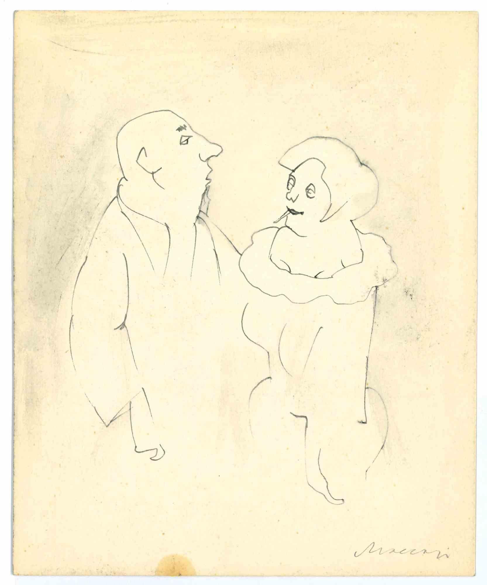 The Couple is a Pen and watercolor drawing realized by Mino Maccari  (1924-1989) in the 1960s.

Hand-signed on the lower.

Good conditions with some foxing

Mino Maccari (Siena, 1924-Rome, June 16, 1989) was an Italian writer, painter, engraver and