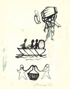 Vintage Wine History - Drawing by Mino Maccari - 1960s