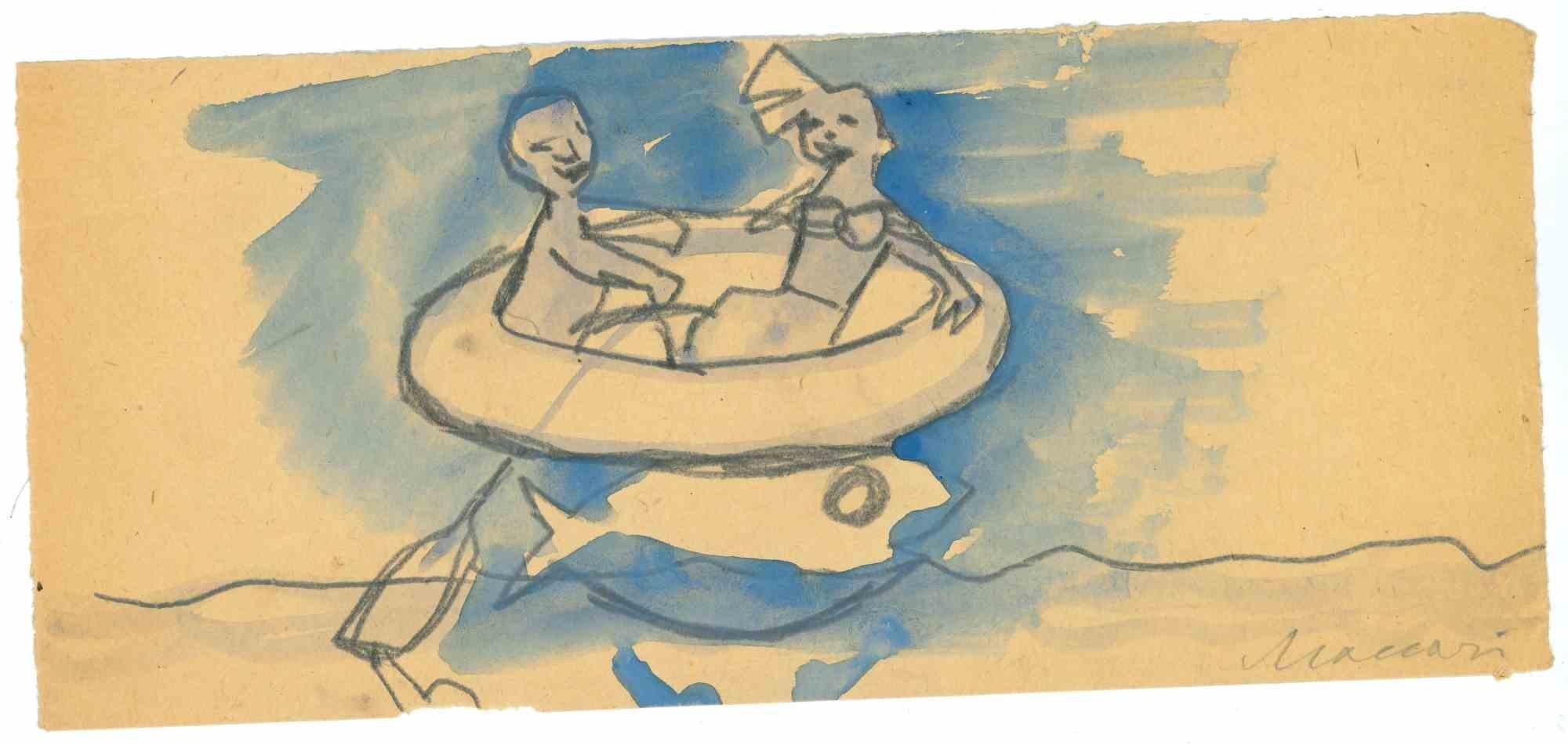 Lovers in Boat - Drawing by Mino Maccari - 1960s