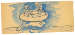 Lovers in Boat - Drawing by Mino Maccari - 1960s