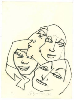 Vintage Faces - Drawing by Mino Maccari - 1980s