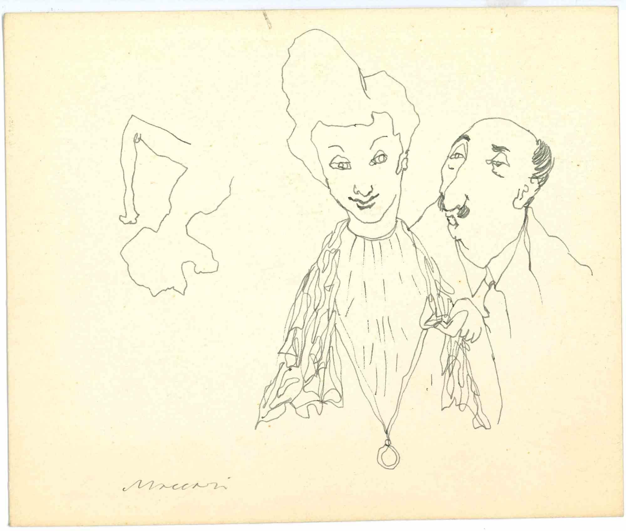 Das Paar ist eine Federzeichnung von Mino Maccari  (1924-1989) in den 1940er Jahren.

Handsigniert auf der Unterseite.

Guter Zustand.

Mino Maccari (Siena, 1924-Rom, 16. Juni 1989) war ein italienischer Schriftsteller, Maler, Graveur und