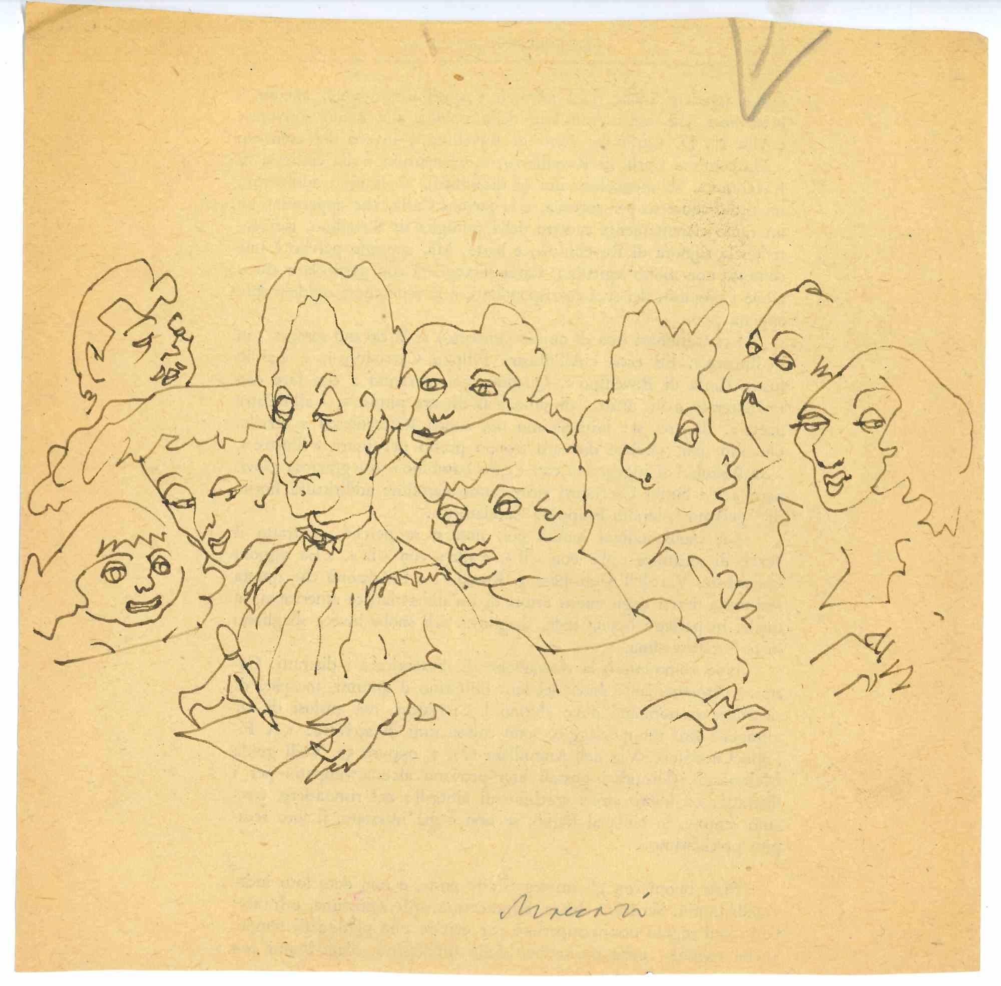The Interview is a Pen Drawing realized by Mino Maccari  (1924-1989) in the 1940s.

Hand-signed on the lower.

Good condition.

Mino Maccari (Siena, 1924-Rome, June 16, 1989) was an Italian writer, painter, engraver and journalist, winner of the