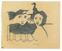 Gesichter mit schwarzen Händen – Zeichnung von Mino Maccari – 1950er Jahre