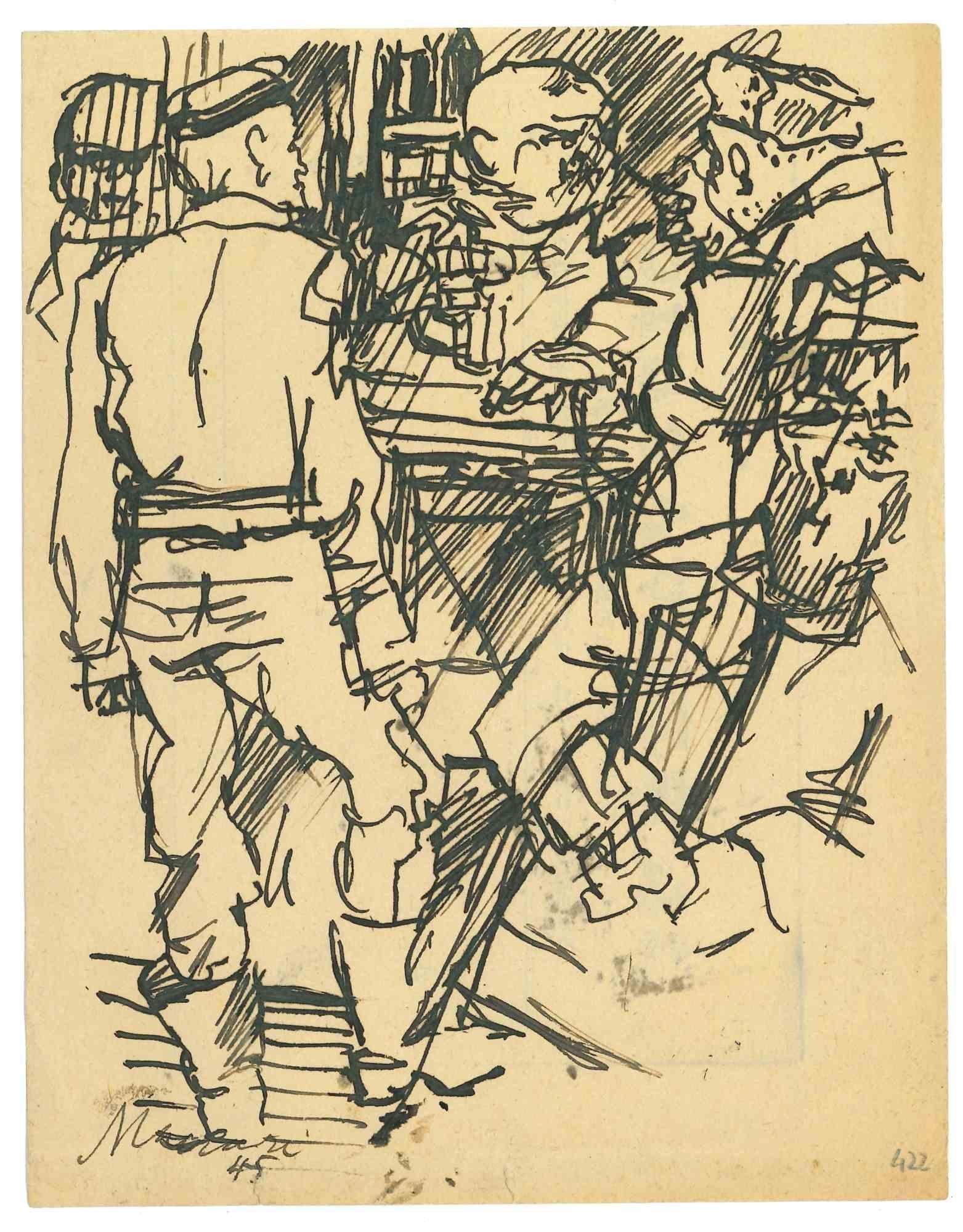 In the Bar is a China Ink Drawing realized by Mino Maccari  (1924-1989) in the 1945 ca.

Hand-signed on the lower margin.

Good conditions with some folding.

Mino Maccari (Siena, 1924-Rome, June 16, 1989) was an Italian writer, painter, engraver