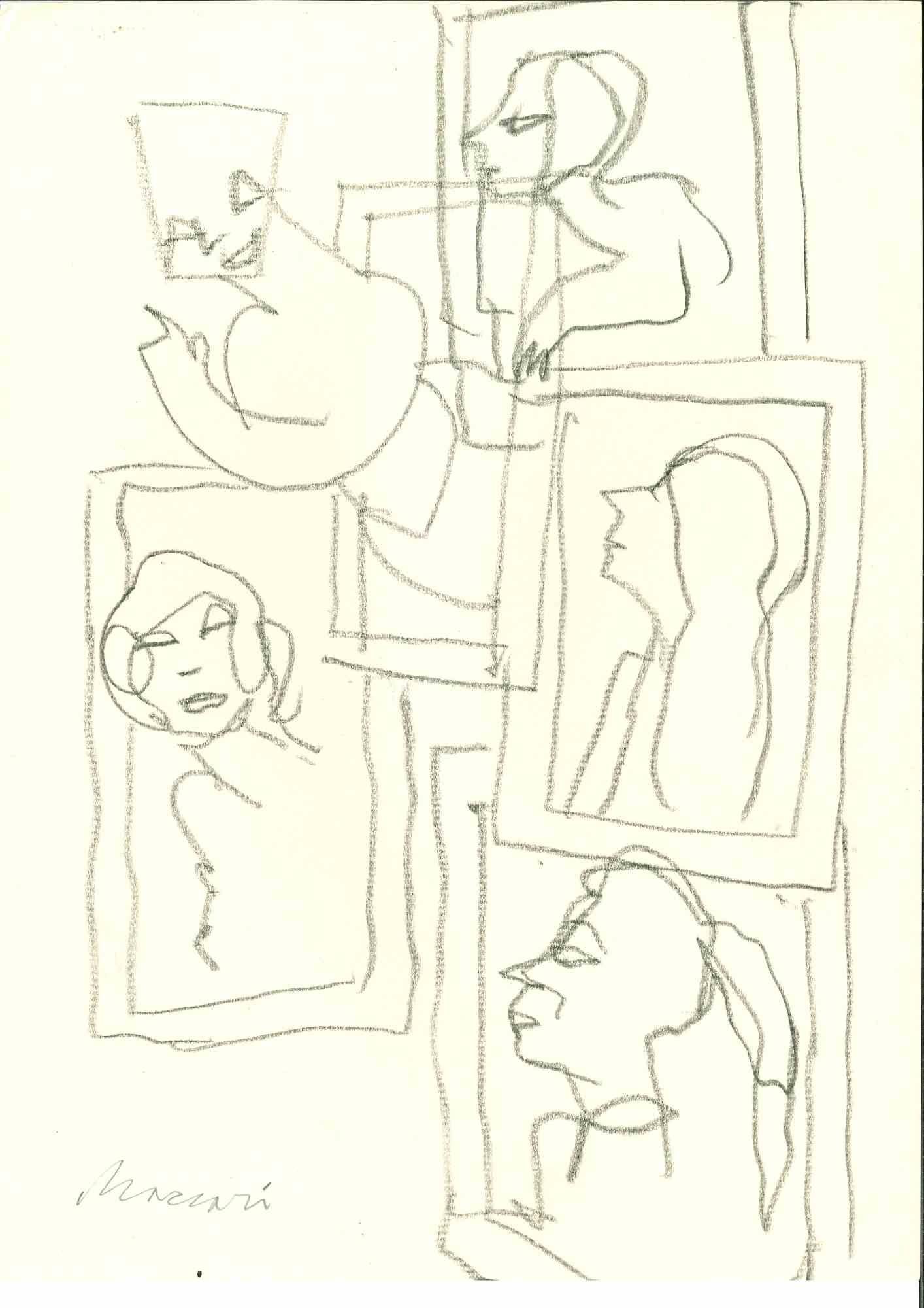 Frauen in Rahmen – Zeichnung von Mino Maccari – 1950er Jahre