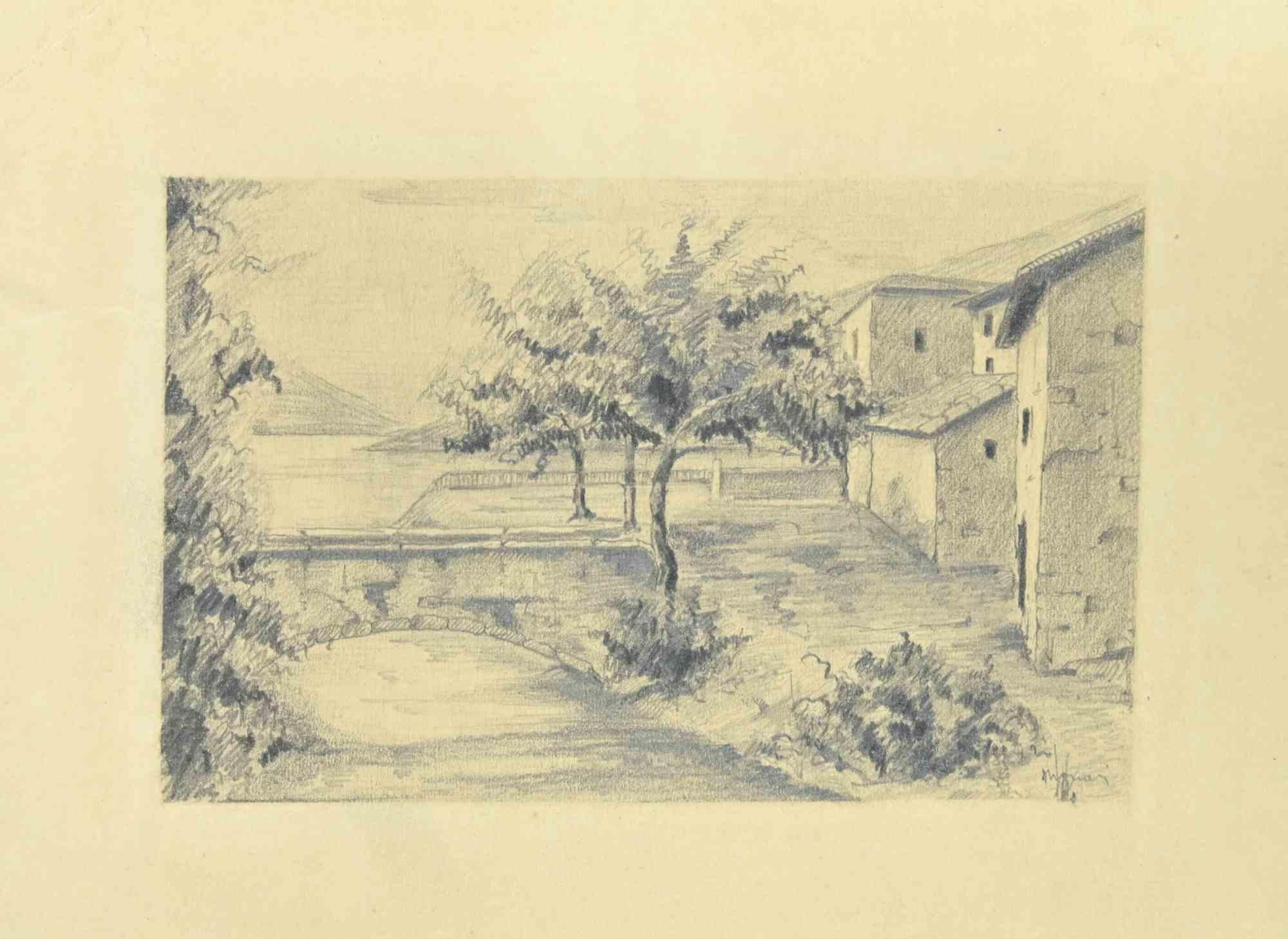 Landscape is a pen cil drawing  realized by  Augusto Monari in the Early-20th Century. Signed lower right.

Good conditions.

The artwork is depicted through confident strokes in a well-balanced composition.