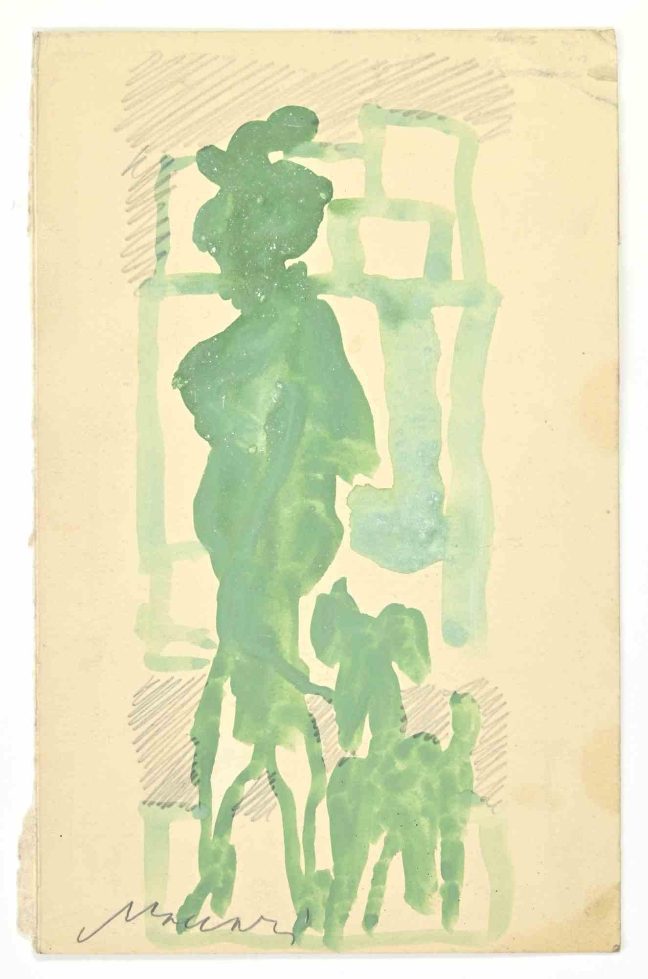 Grüne Dame – Zeichnung von Mino Maccari – 1960er Jahre
