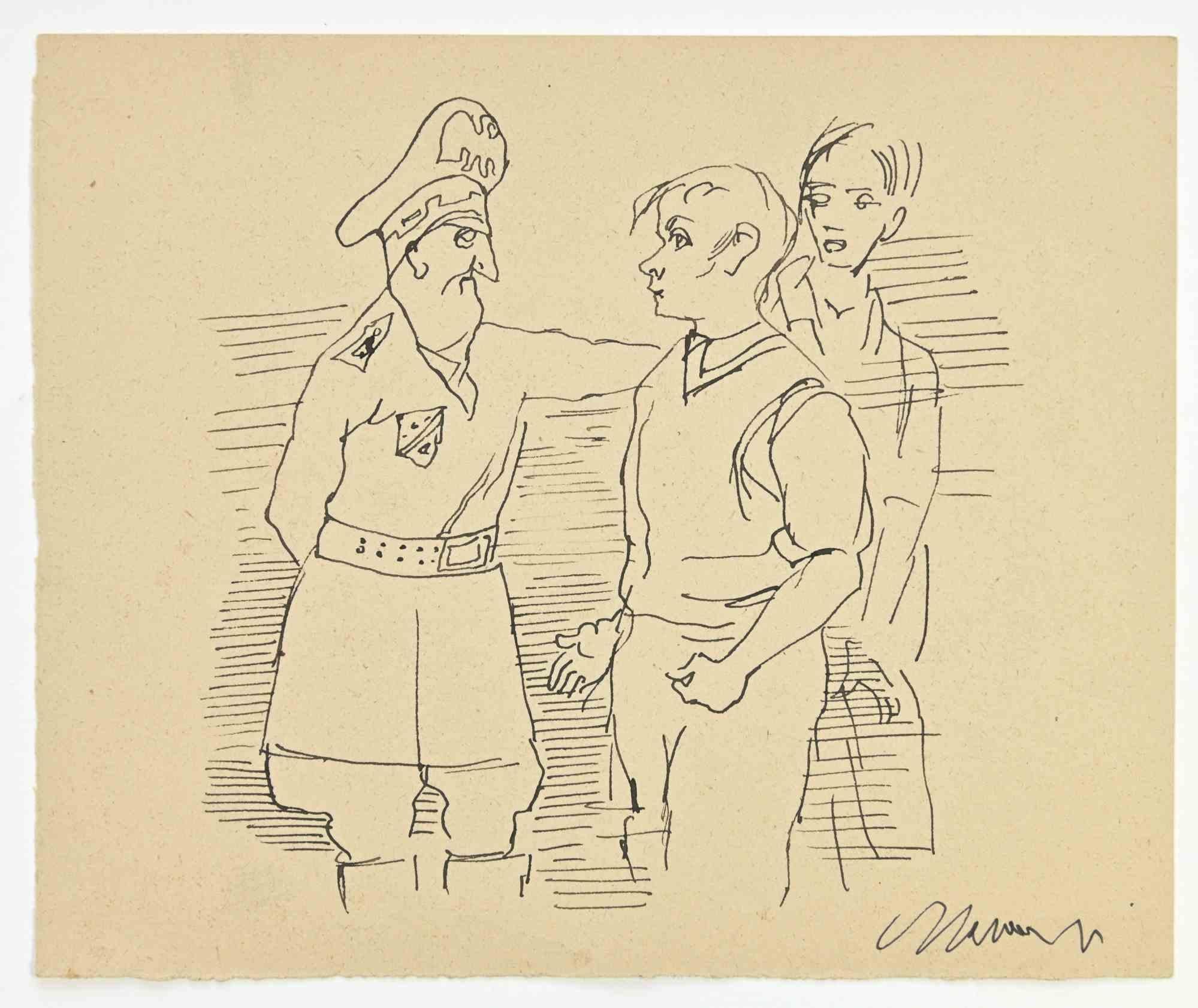 Police and Guys is a Pen Drawing realized by Mino Maccari  (1924-1989) in 1947 ca.

Hand-signed on the lower.

Good conditions.

Mino Maccari (Siena, 1924-Rome, June 16, 1989) was an Italian writer, painter, engraver and journalist, winner of the