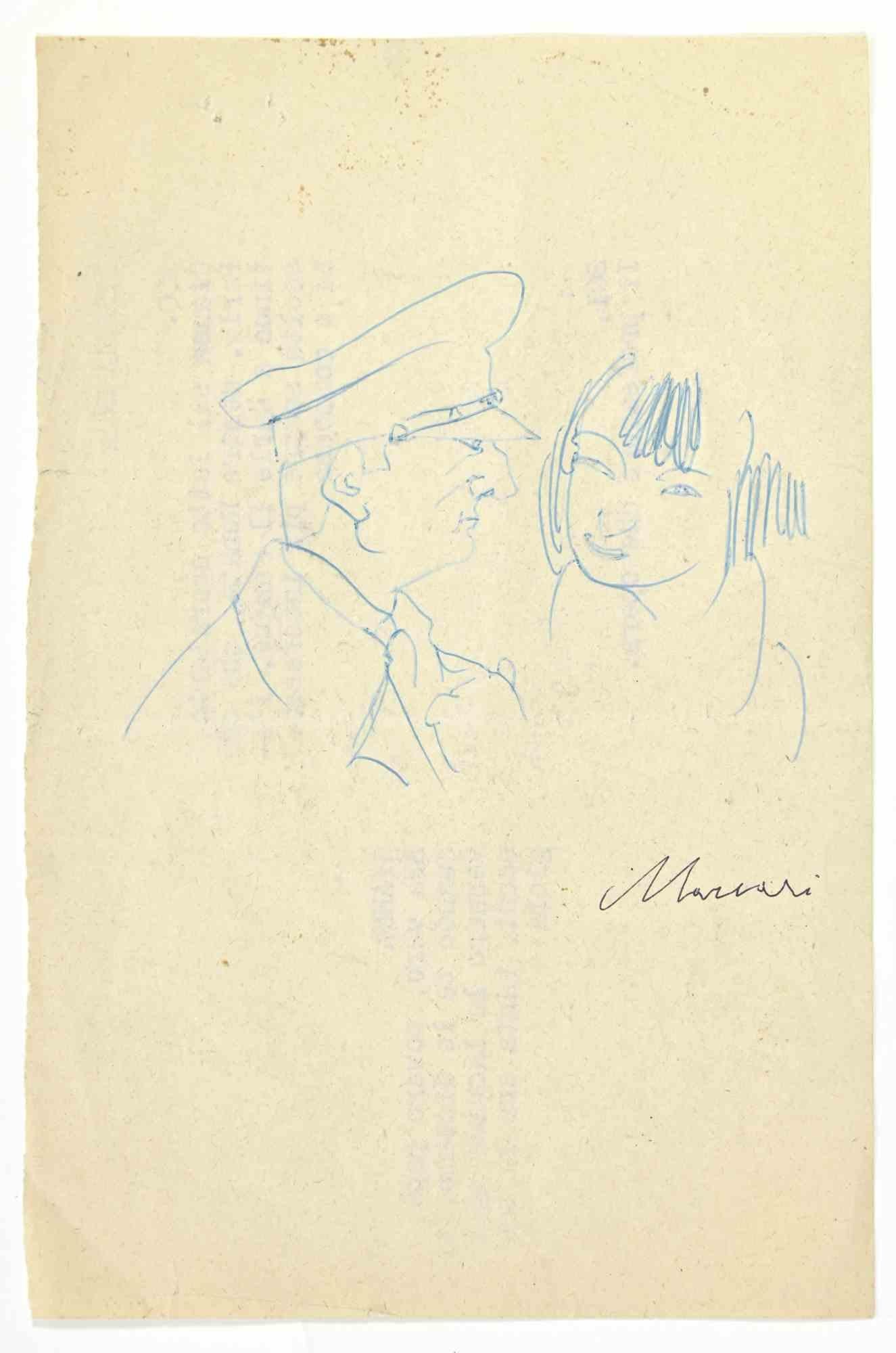 General and Girl is a pen Drawing realized by Mino Maccari  (1924-1989) in 1947 ca

Hand-signed on the lower.

Good condition, with slight folding.

Mino Maccari (Siena, 1924-Rome, June 16, 1989) was an Italian writer, painter, engraver and
