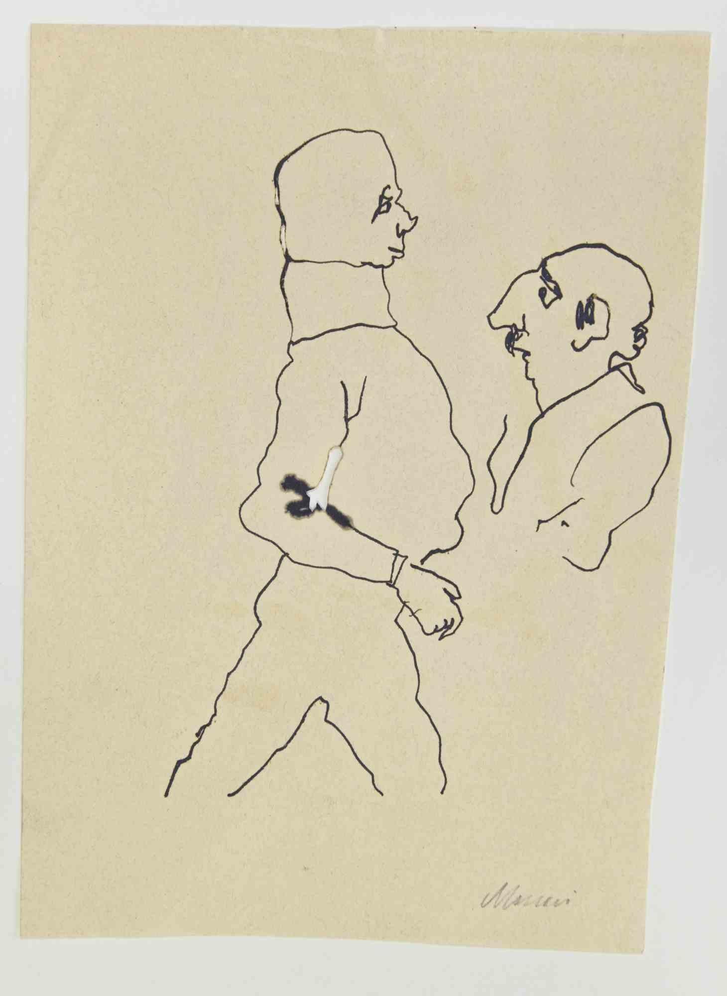 Figure è un disegno a penna realizzato da Mino Maccari  (1924-1989) negli anni '60.

Firmato a mano sulla parte inferiore.

Buone condizioni con fori della parte bruciata applicati intenzionalmente dall'artista nell'opera d'arte.

Mino Maccari