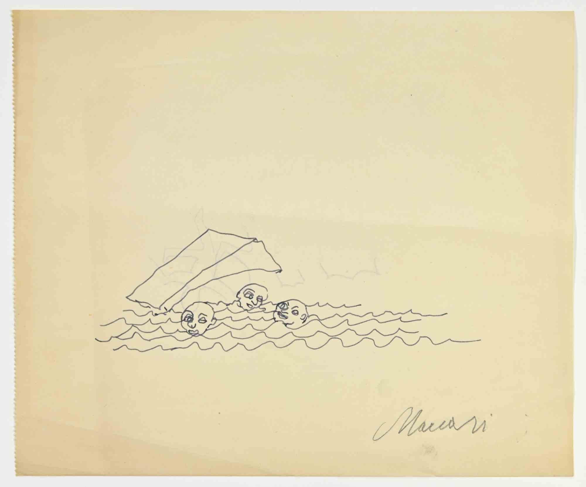 Swimmers is a pen Drawing realized by Mino Maccari  (1924-1989) in the 1950s.

Hand-signed on the lower, with another pen drawing on the rear.

Good condition.

Mino Maccari (Siena, 1924-Rome, June 16, 1989) was an Italian writer, painter, engraver