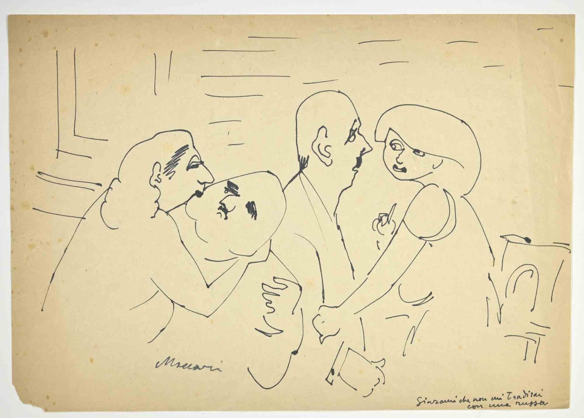 Figures is a China ink Drawing realized by Mino Maccari  (1924-1989) in the 1960s.

Hand-signed on the lower, titled in Italian n the lower right.

Good condition with a small missing piece of paper on the lower left margin.

Mino Maccari (Siena,