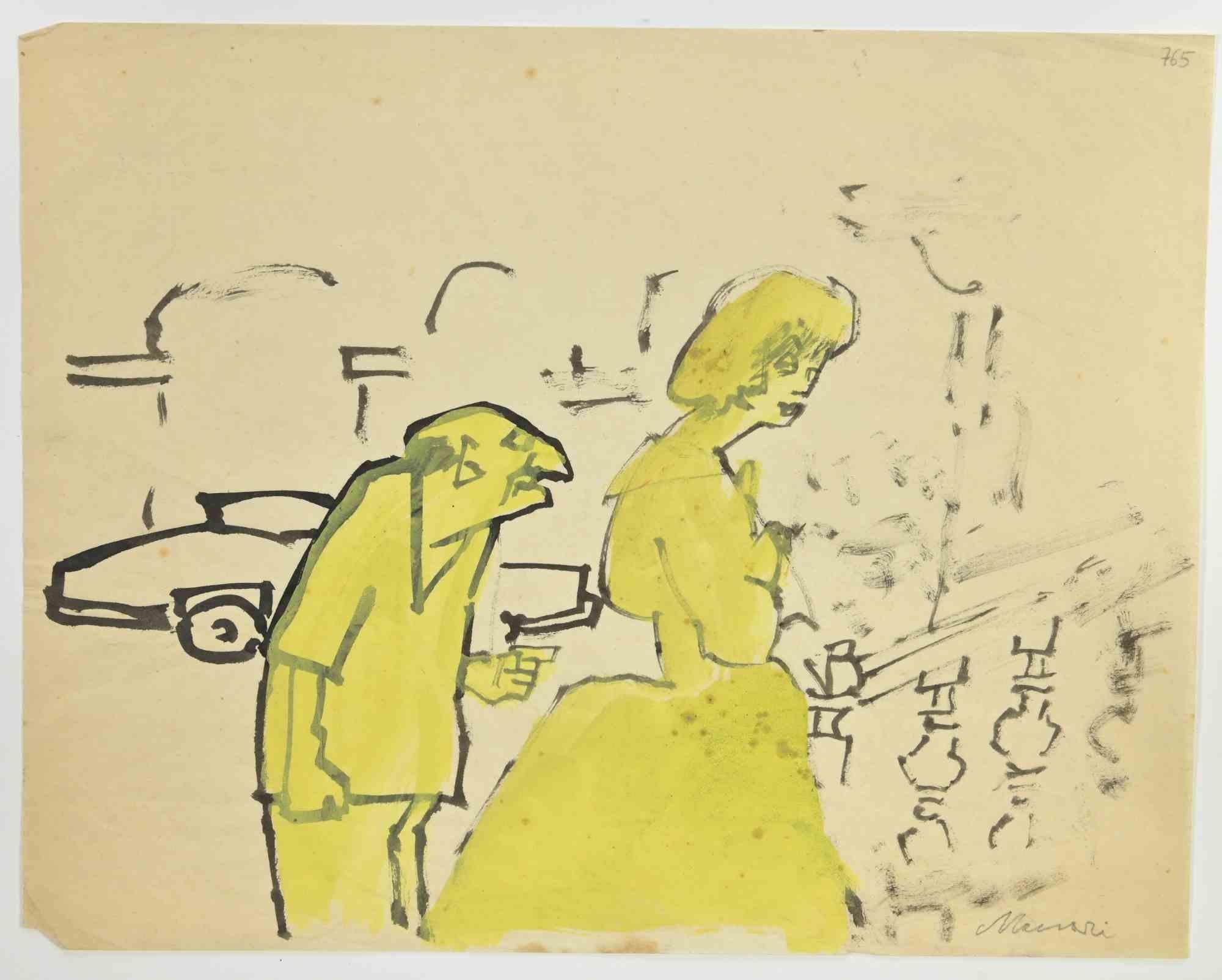Figures is a China ink and Watercolor Drawing realized by Mino Maccari  (1924-1989) in the 1960s.

Hand-signed on the lower.

Good condition with some folding, and a small cut on the lower left.

Mino Maccari (Siena, 1924-Rome, June 16, 1989) was an