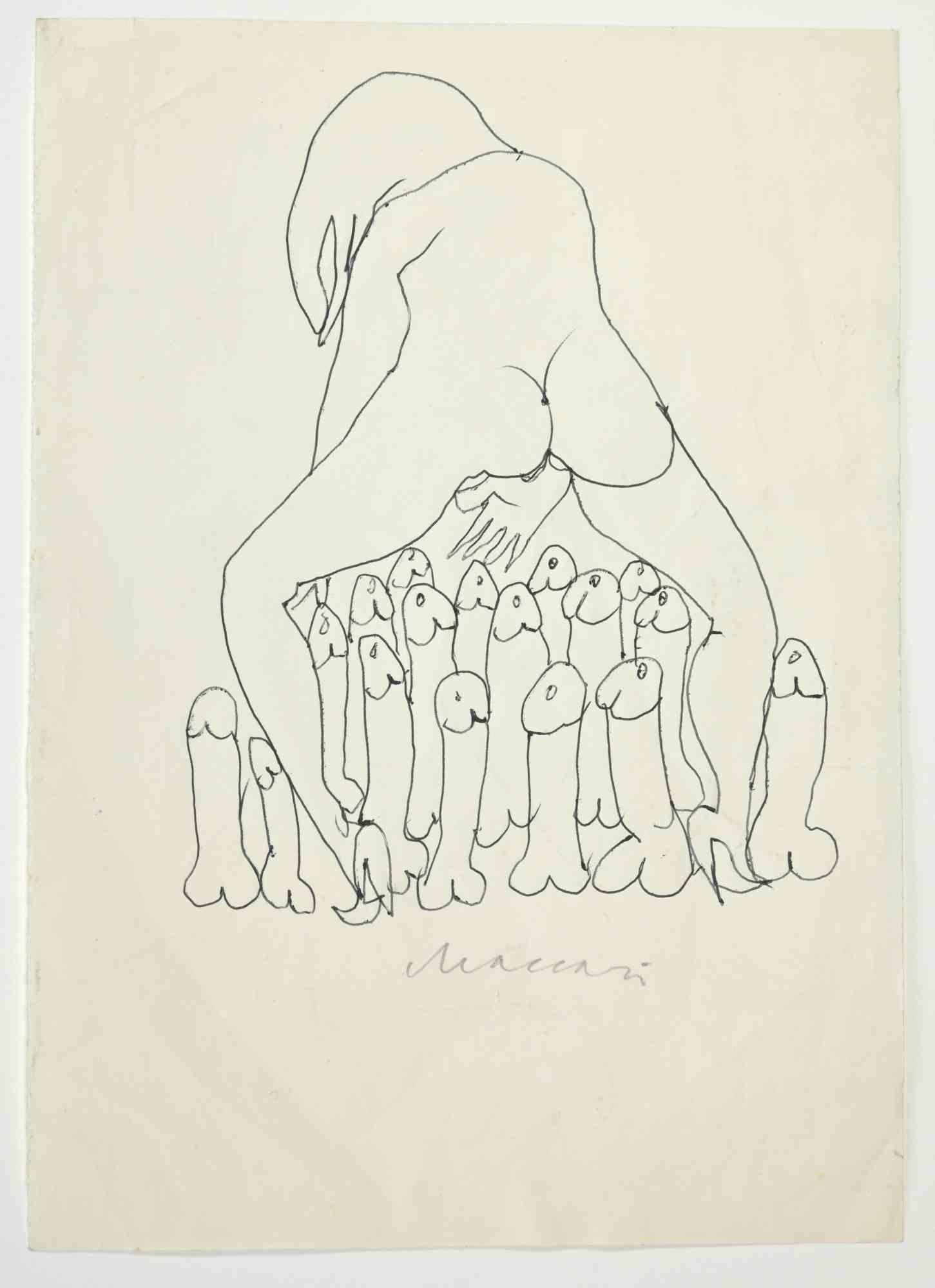 Erotic Scene is a pen Drawing realized by Mino Maccari  (1924-1989) in the 1970s.

Hand-signed on the lower, with another drawing on the rear.

Good condition.

Mino Maccari (Siena, 1924-Rome, June 16, 1989) was an Italian writer, painter, engraver