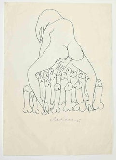 Retro Erotic Scene - Drawing by Mino Maccari - 1970s