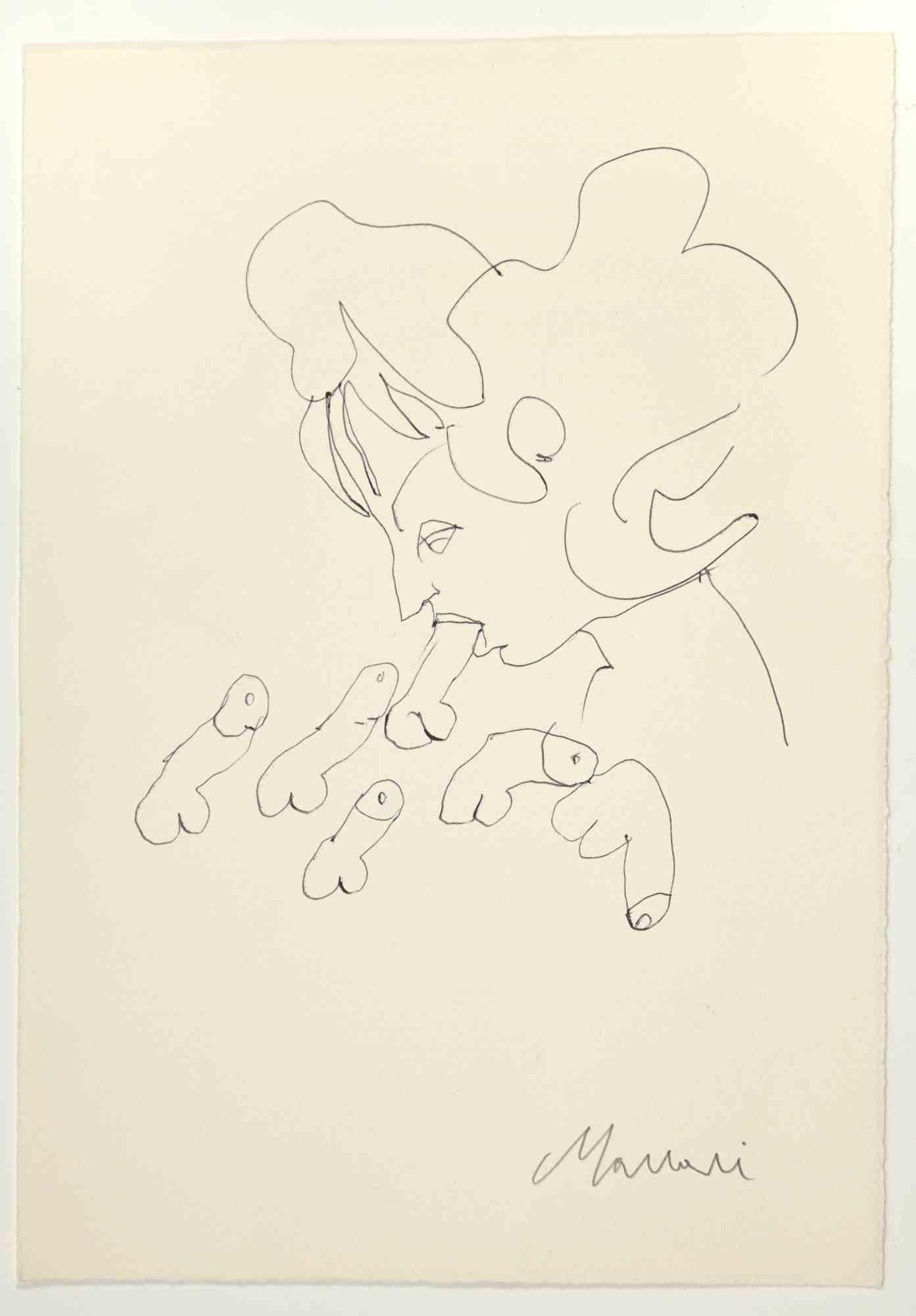 Erotic Scene is a pen Drawing realized by Mino Maccari  (1924-1989) in the 1960s.

Hand-signed on the lower, with another drawing on the rear.

Good condition.

Mino Maccari (Siena, 1924-Rome, June 16, 1989) was an Italian writer, painter, engraver