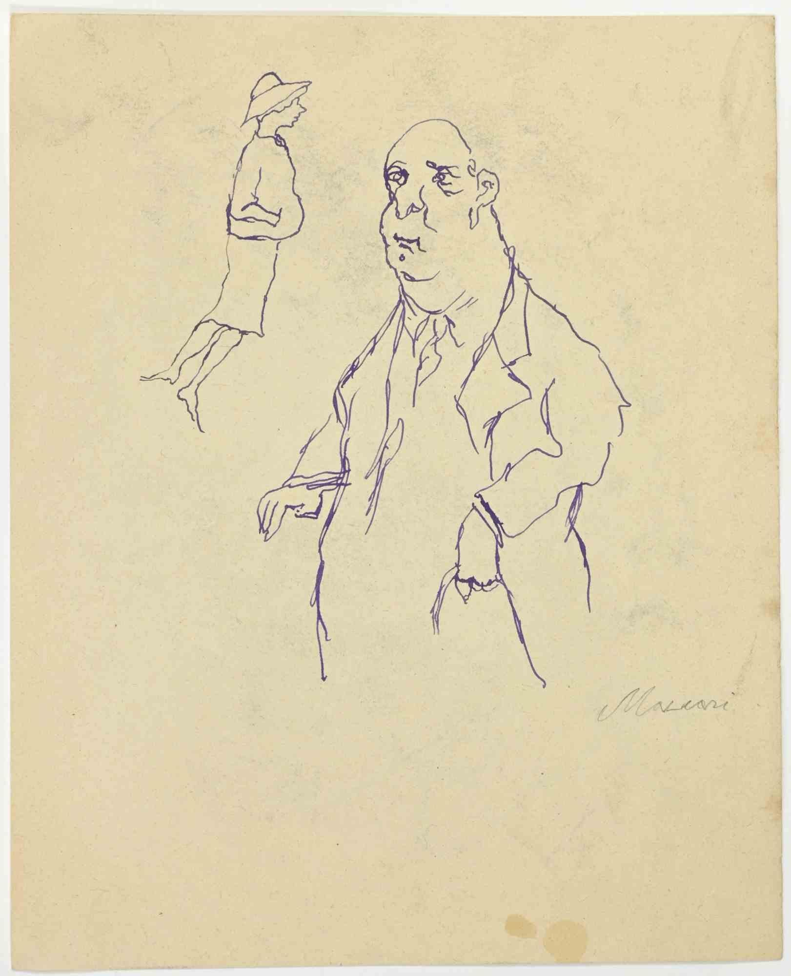 Figures is a Pen Drawing realized by Mino Maccari  (1924-1989) in the 1960s.

Hand-signed on the lower, with another drawing on the rear.

Good condition with some foxing.

Mino Maccari (Siena, 1924-Rome, June 16, 1989) was an Italian writer,