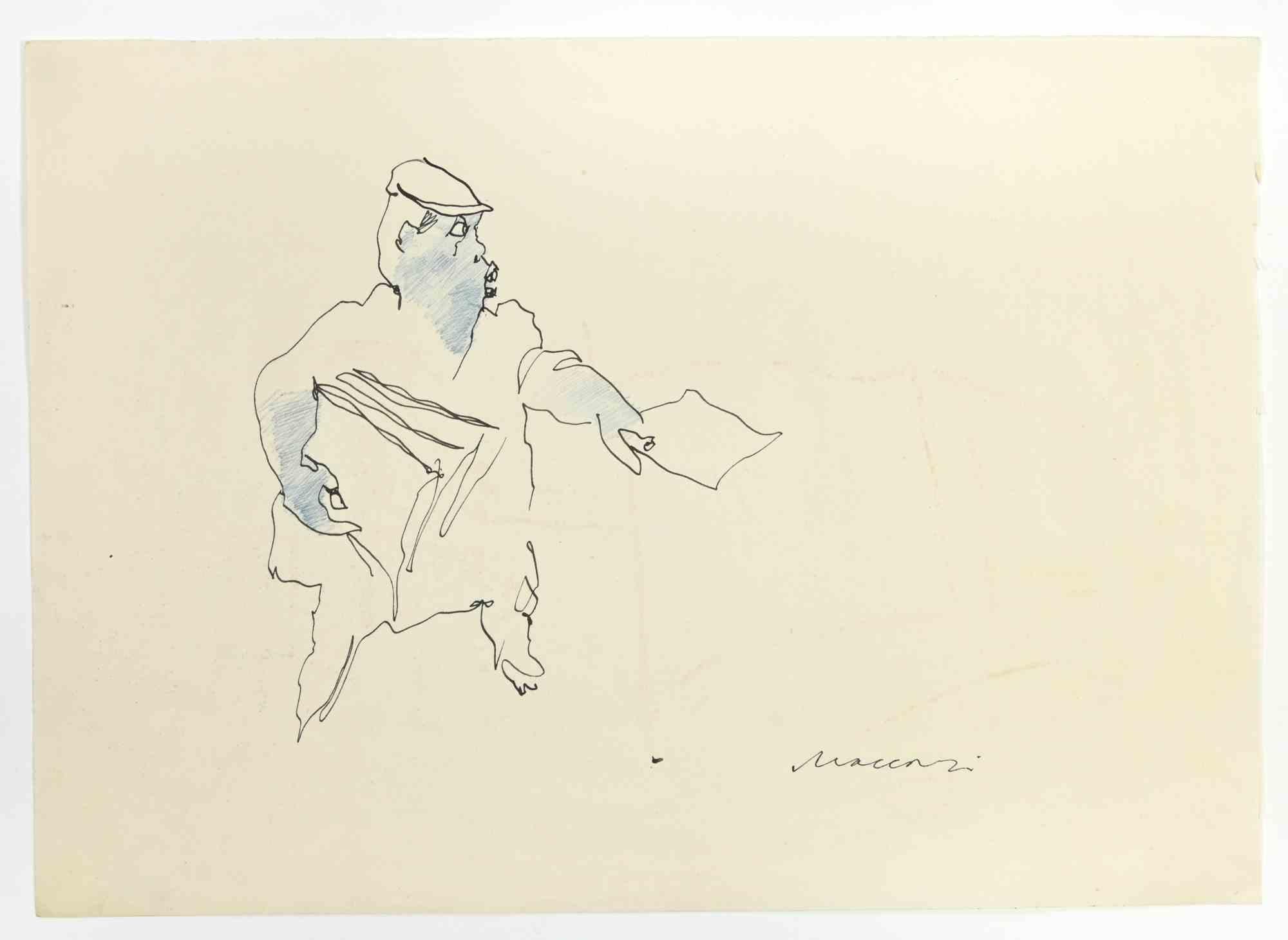 Newsie is a Pen Drawing realized by Mino Maccari  (1924-1989) in the 1960s.

Hand-signed on the lower.

Good condition with slight folding.

Mino Maccari (Siena, 1924-Rome, June 16, 1989) was an Italian writer, painter, engraver and journalist,