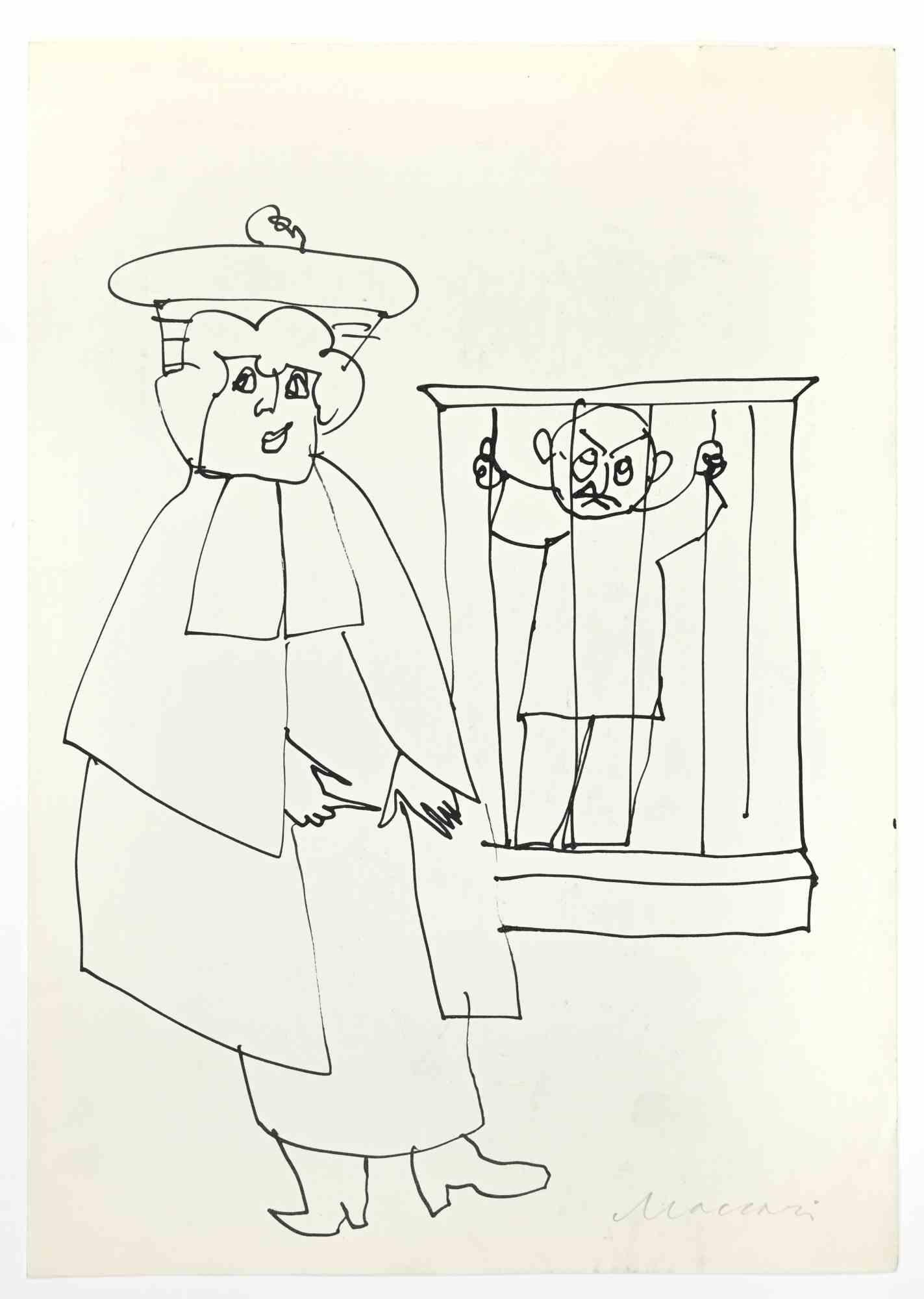 Caged Man is a China Ink Drawing realized by Mino Maccari  (1924-1989) in the 1960s.

Hand-signed on the lower.

Good condition with slight foxing.

Mino Maccari (Siena, 1924-Rome, June 16, 1989) was an Italian writer, painter, engraver and