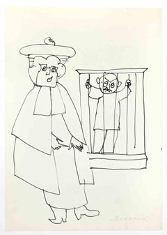 Man en cage - Drawing de Mino Maccari - Années 1960