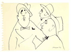 Vintage Figures With Hat - Drawing by Mino Maccari - 1960s