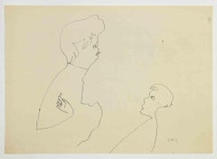 Vintage The Mother and Boy - Drawing by Mino Maccari - 1960s