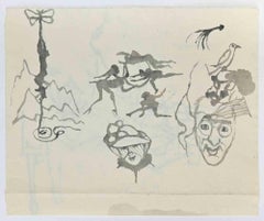 Dibujo a tinta de un paisaje, estilo moderno, firmado, década de los 60, sin enmarcar