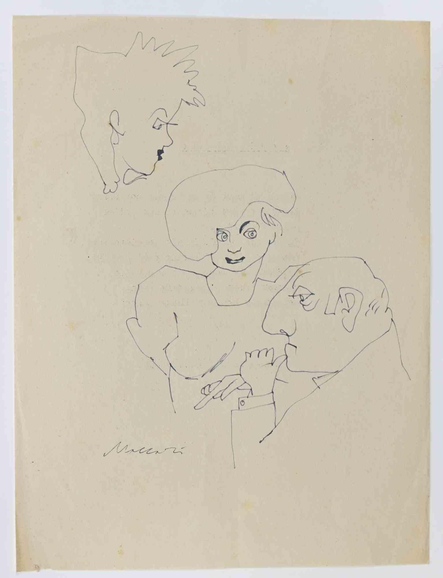 Figures est un dessin à la plume réalisé par Mino Maccari  (1924-1989) dans les années 1960.

Signé à la main en bas.

Bon état.

Mino Maccari (Sienne, 1924-Rome, 16 juin 1989) est un écrivain, peintre, graveur et journaliste italien, lauréat du