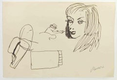 Pixie mit Hut und Frau – Zeichnung von Mino Maccari – 1960er Jahre