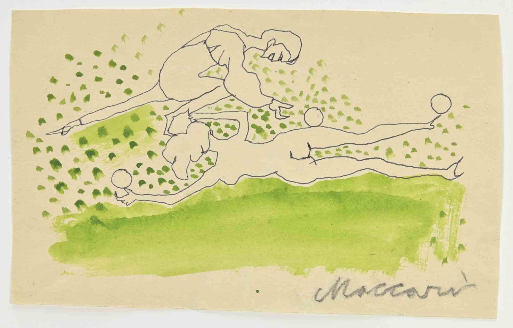 Fantasy in Green is a Pen and Watercolor Drawing realized by Mino Maccari  (1924-1989) in the 1960s.

Hand-signed on the lower.

Good condition.

Mino Maccari (Siena, 1924-Rome, June 16, 1989) was an Italian writer, painter, engraver and journalist,