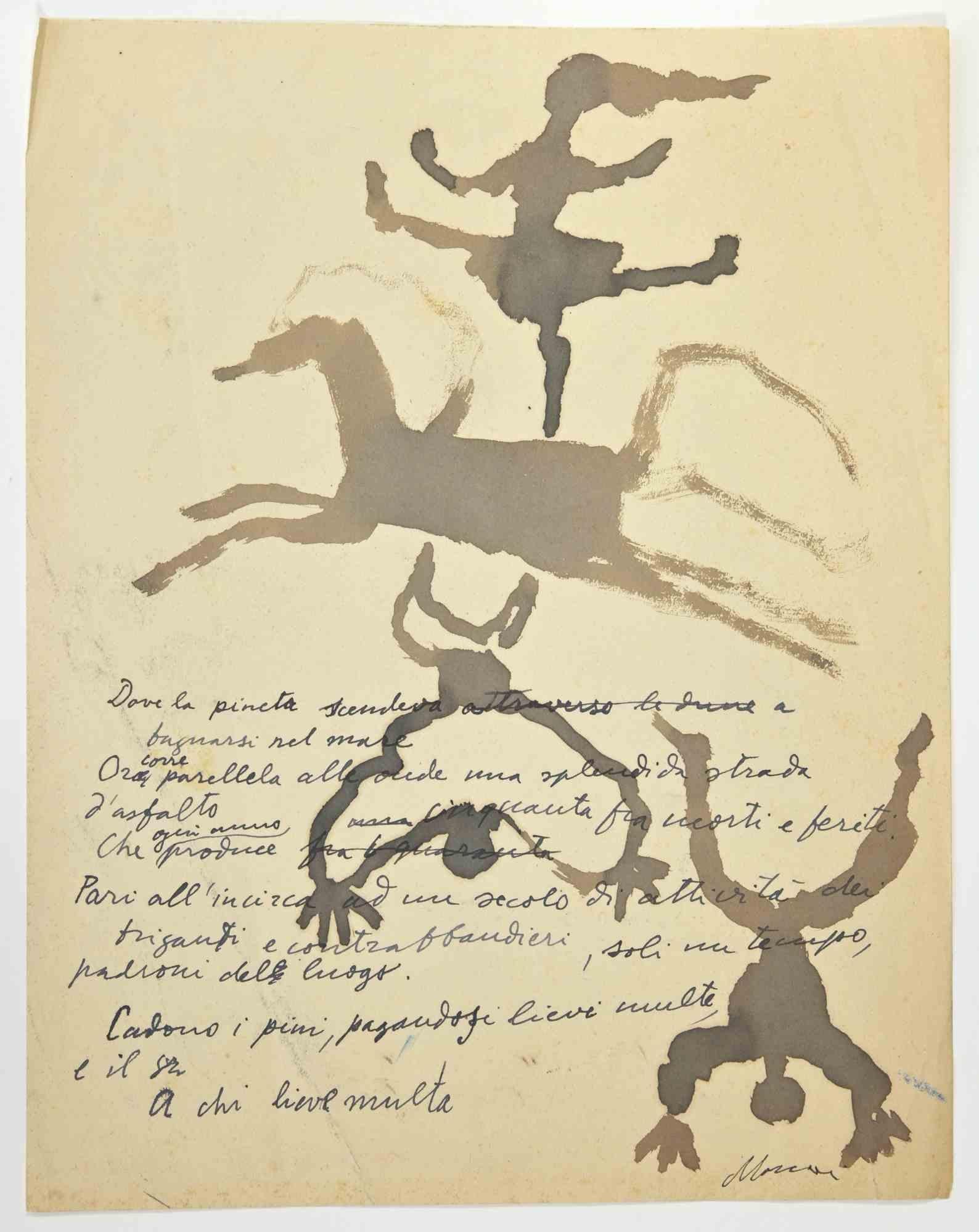 Horse Riders is a Watercolor Drawing realized by Mino Maccari  (1924-1989) in the 1960s.

Hand-signed on the lower.

Good conditions with slight folding.

Mino Maccari (Siena, 1924-Rome, June 16, 1989) was an Italian writer, painter, engraver and