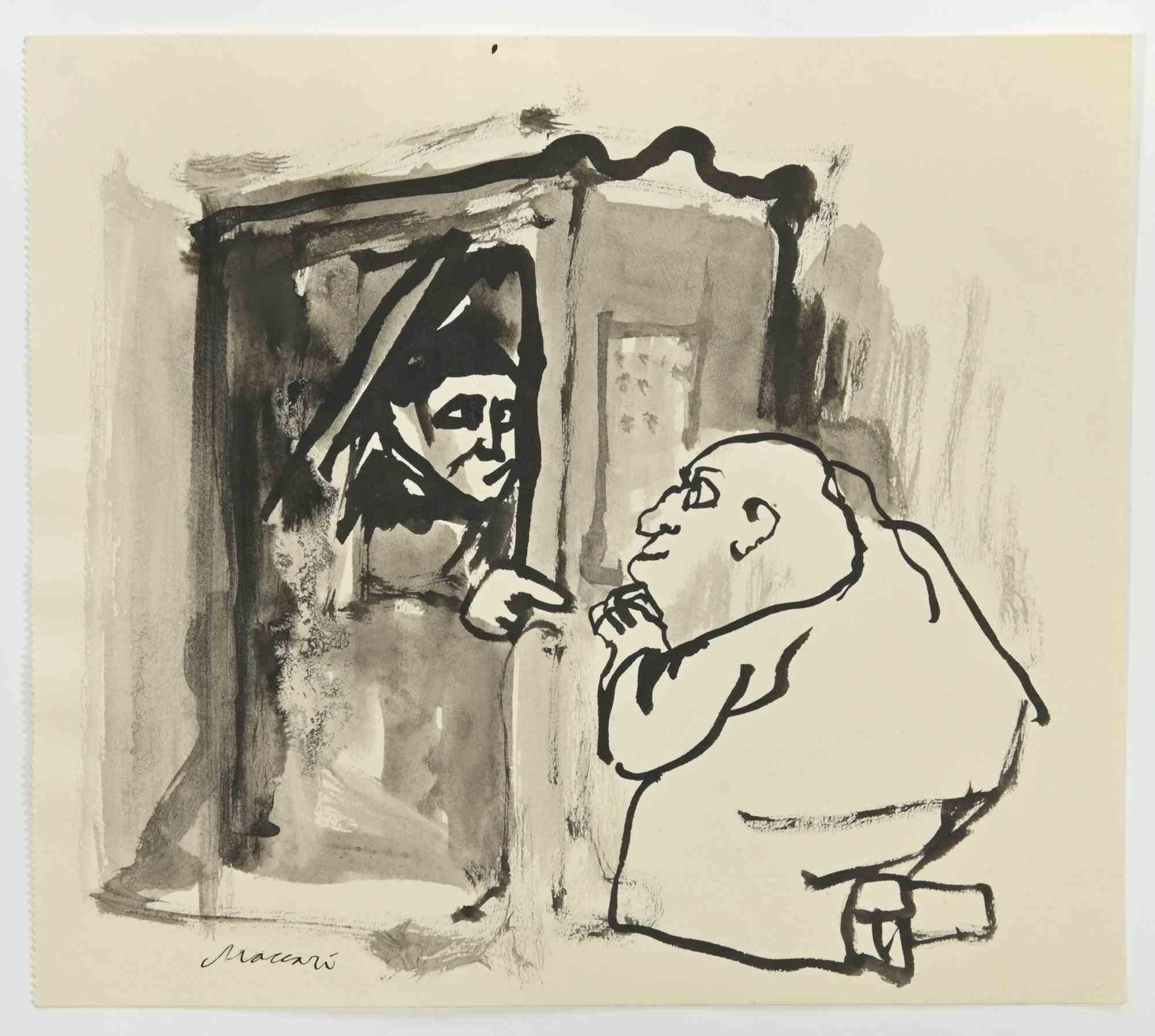 Confession is a watercolor Drawing realized by Mino Maccari  (1924-1989) in the 1960s.

Hand-signed on the lower.

Good condition

Mino Maccari (Siena, 1924-Rome, June 16, 1989) was an Italian writer, painter, engraver and journalist, winner of the